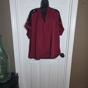 Women’s Burgundy Blouse with Heart-Trim Shoulder